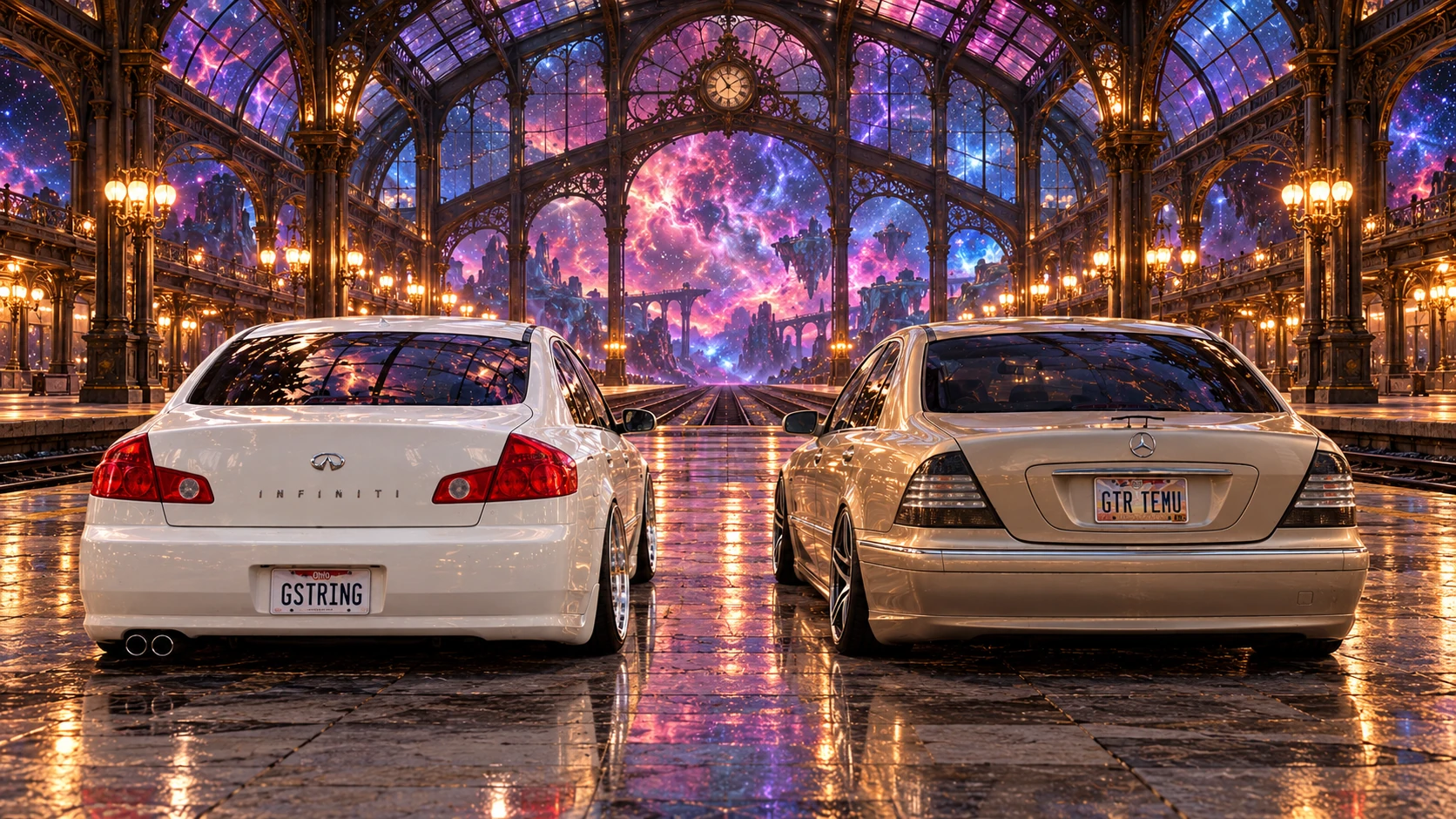 Both cars face away inside a luminous stained-glass terminal beneath a cosmic sky.