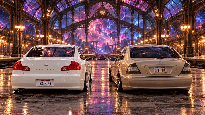 Both cars face away inside a luminous stained-glass terminal beneath a cosmic sky.