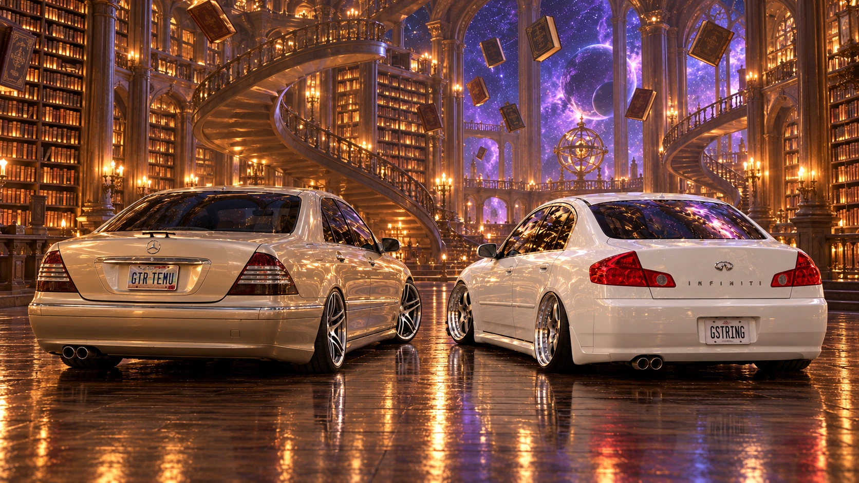 Rear three-quarter view of both cars inside a towering fantasy library with floating books.