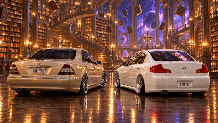 Rear three-quarter view of both cars inside a towering fantasy library with floating books.