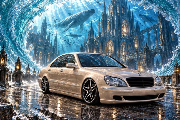 Mercedes beneath the frozen cathedral wave.