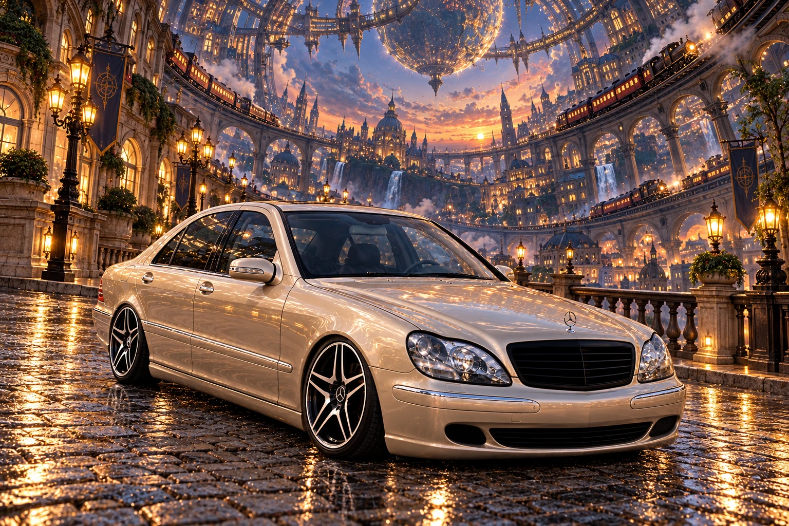 Champagne Mercedes beneath a spherical city.
