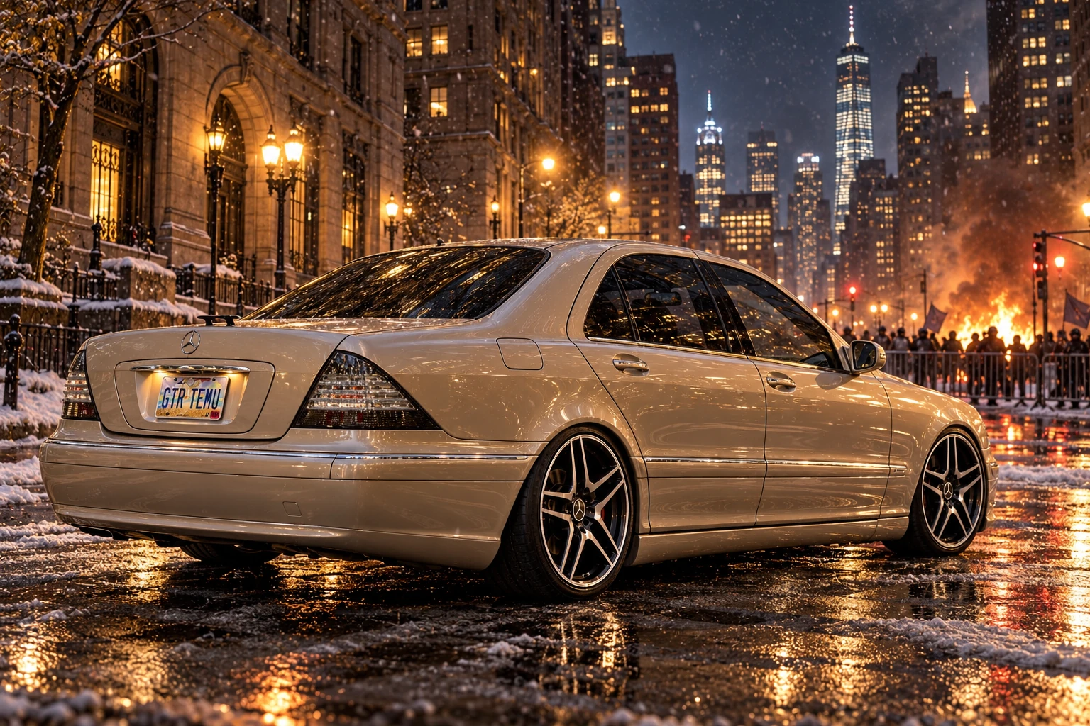 Champagne Mercedes on Snowy Manhattan Streets. Allison, the 2004 Mercedes-Benz S430.