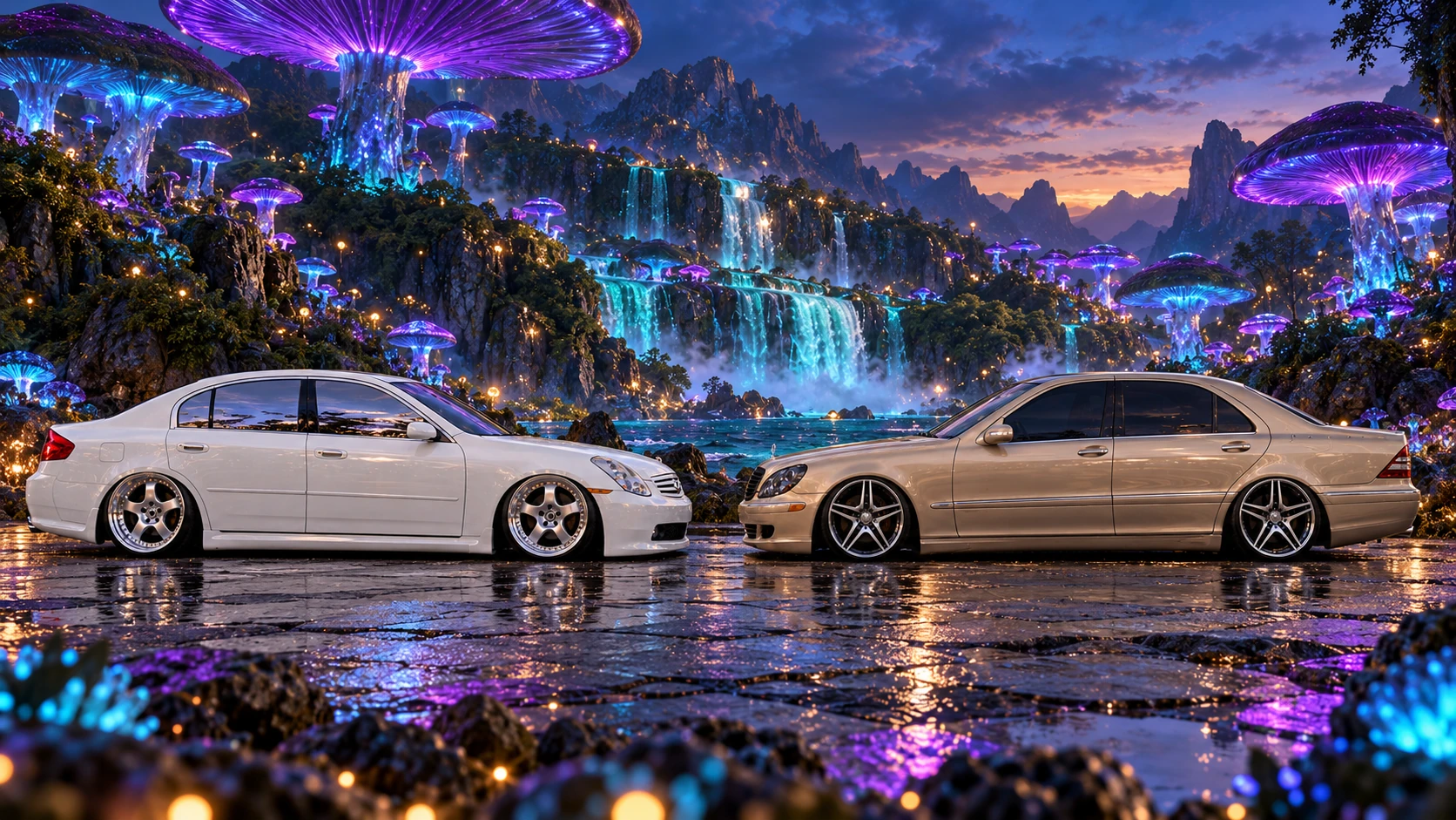 Both cars face nose to nose in a bioluminescent valley of violet mushrooms and waterfalls.