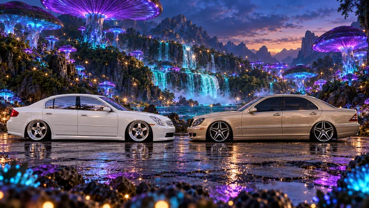 Both cars face nose to nose in a bioluminescent valley of violet mushrooms and waterfalls.