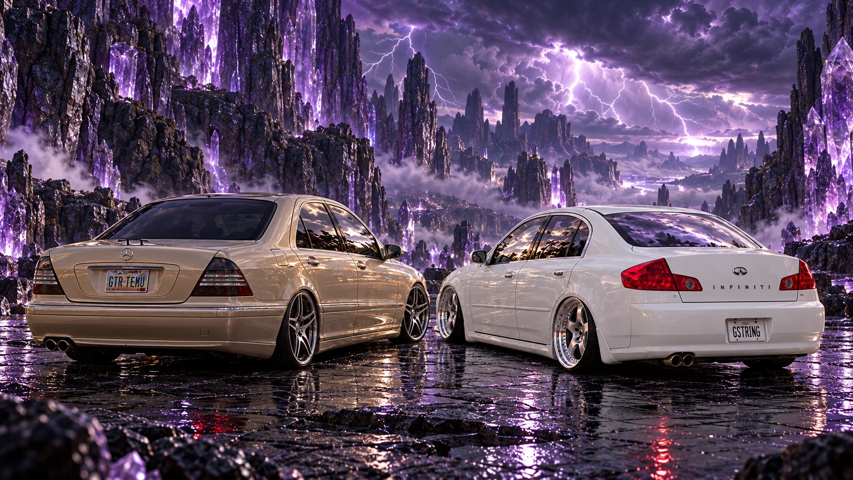 Rear three-quarter view of both cars beneath violet lightning and black crystal cliffs.