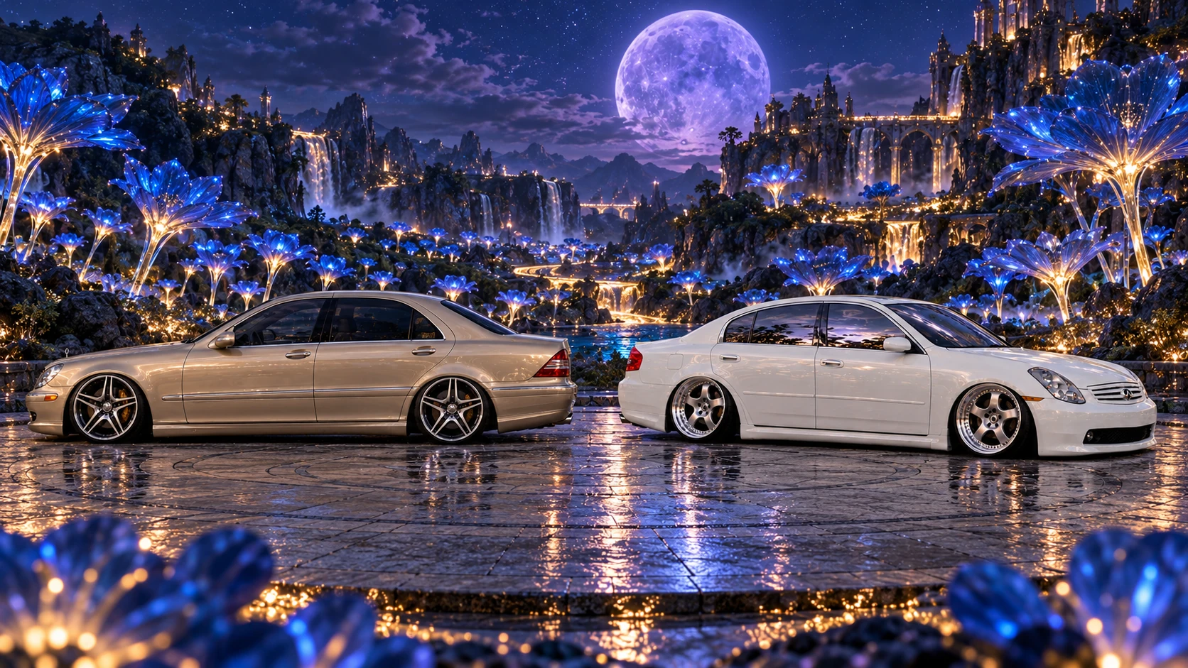 Side profiles of both cars in a glowing sapphire meadow under a violet moon.
