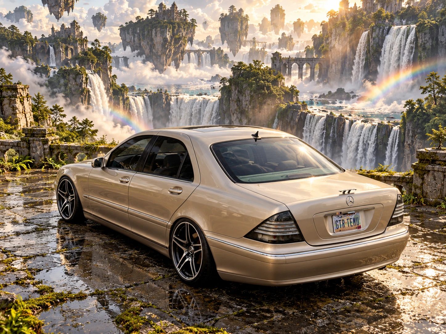 High rear three-quarter view of Allison above a landscape of floating waterfalls.