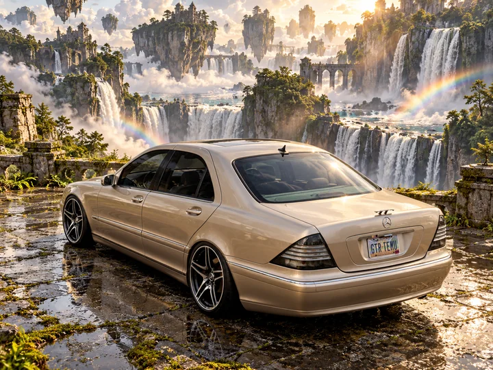 High rear three-quarter view of Allison above a landscape of floating waterfalls.