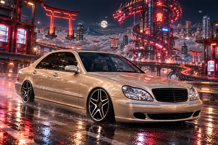 Champagne Mercedes Beneath a Neon Dragon.