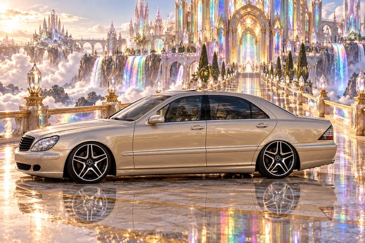 Champagne Mercedes on a Rainbow Glass Causeway.
