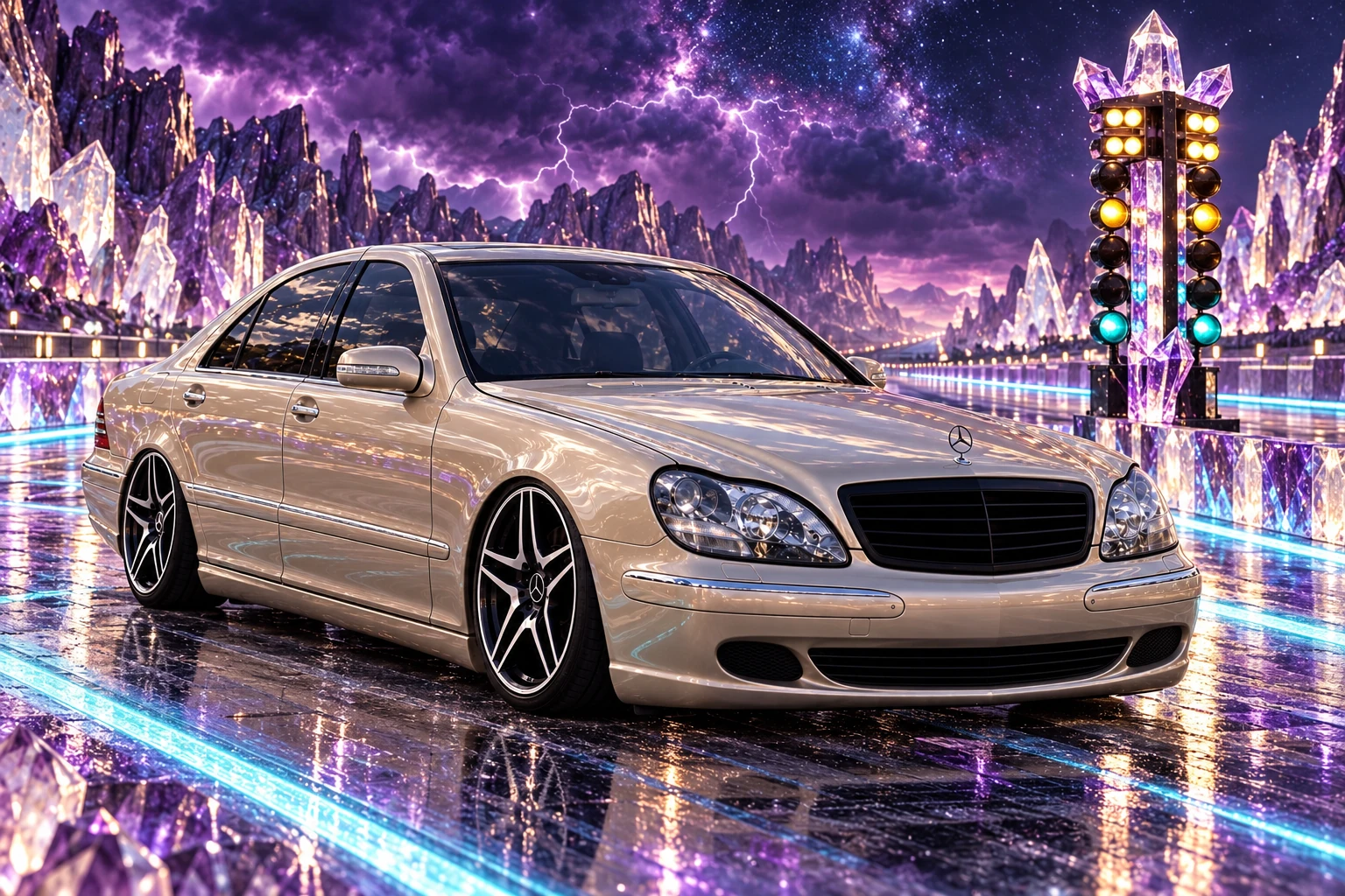 Champagne Mercedes on the Crystal Drag Strip.