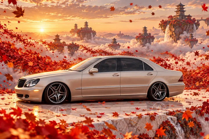 Side profile of Allison beside waves of crimson leaves and floating pagodas.