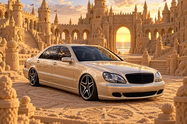 Champagne Mercedes in a Sunrise Sandcastle.