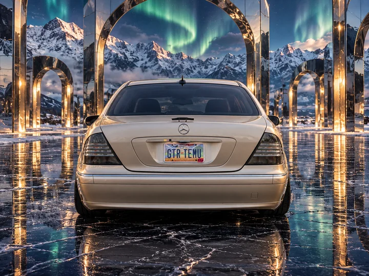 Straight rear view of Allison between mirrored Arctic arches beneath a green aurora.