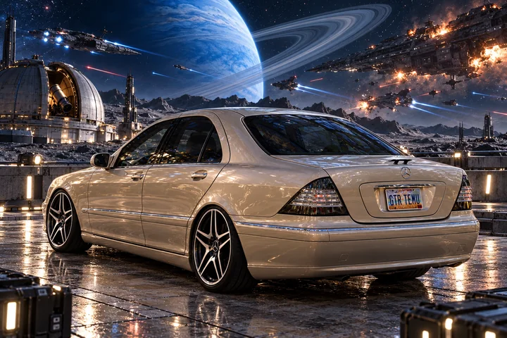 Champagne Mercedes Under Ringed Planet. Allison, the 2004 Mercedes-Benz S430.