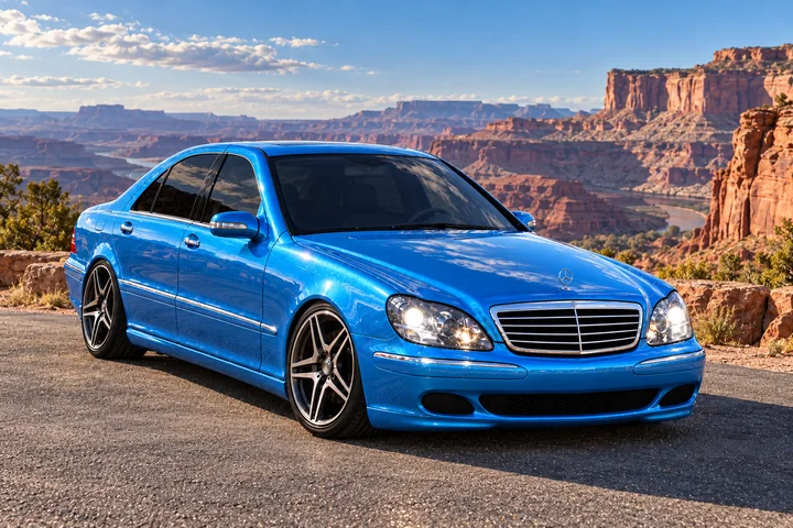 Azure Mercedes Beneath Red-Rock Cliffs. Allison, the 2004 Mercedes-Benz S430 in a paint-color concept.