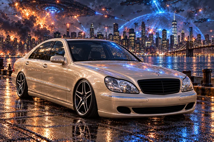 Champagne Mercedes Under Alien Ships. Allison, the 2004 Mercedes-Benz S430.