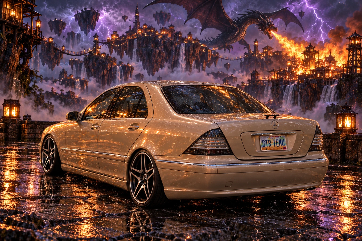 Champagne Mercedes Beneath Dragonfire. Allison, the 2004 Mercedes-Benz S430.