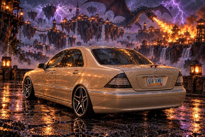 Champagne Mercedes Beneath Dragonfire. Allison, the 2004 Mercedes-Benz S430.
