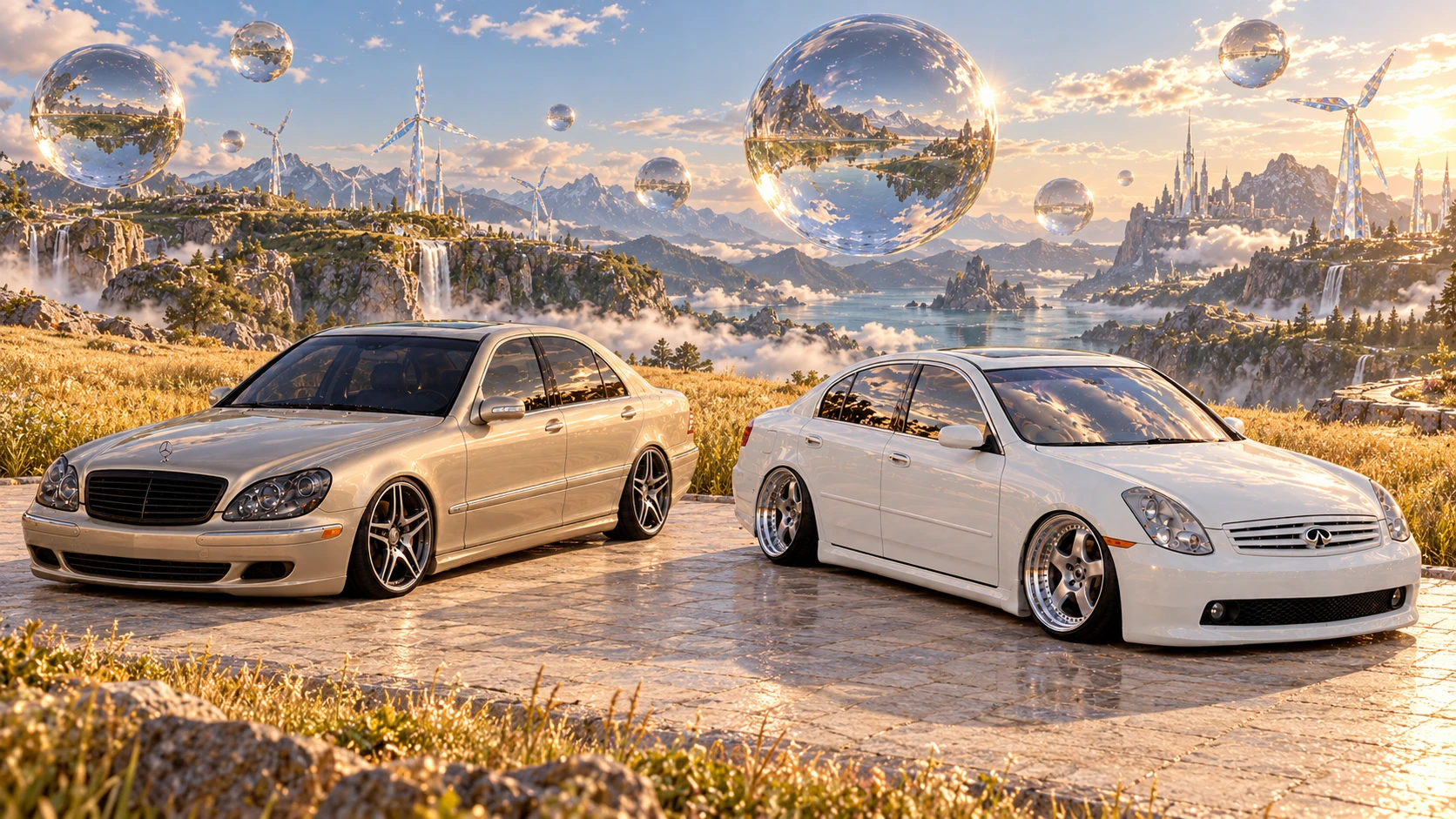 Both cars sit on a golden meadow terrace beneath floating glass-like water spheres.