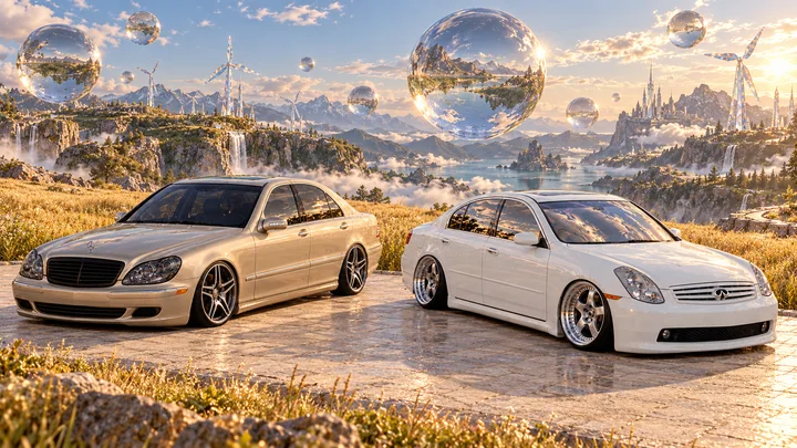 Both cars sit on a golden meadow terrace beneath floating glass-like water spheres.
