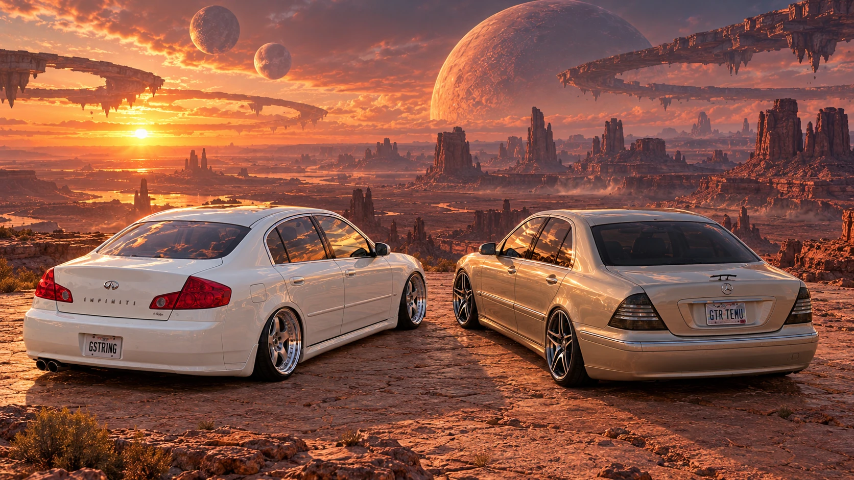 Rear three-quarter view of both cars in a red desert beneath three enormous moons.