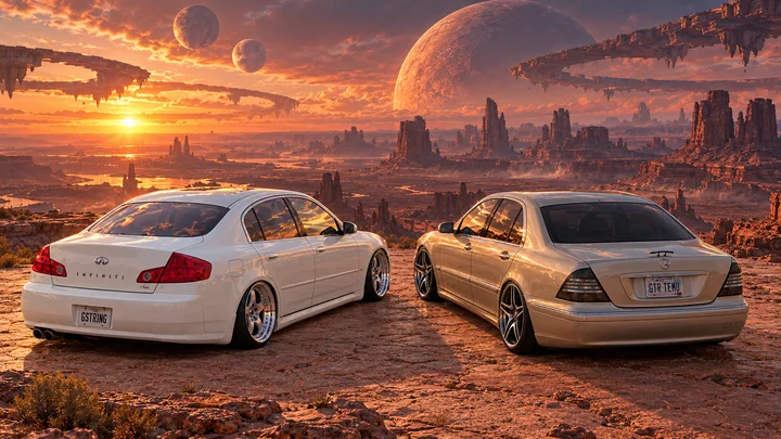 Rear three-quarter view of both cars in a red desert beneath three enormous moons.