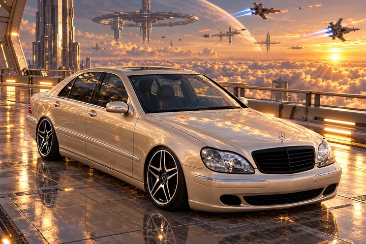 Champagne Mercedes at the Space Elevator. Allison, the 2004 Mercedes-Benz S430.