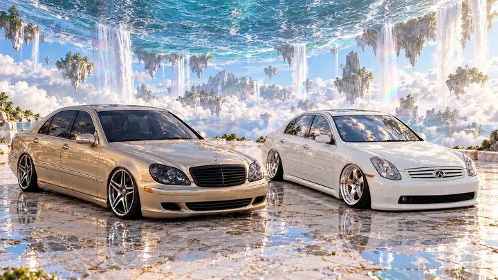 Both cars face forward on a reflective terrace beneath an inverted ocean and floating waterfalls.