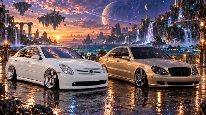 Both cars face forward on a fantasy coast with floating castles, waterfalls, and a crescent planet.