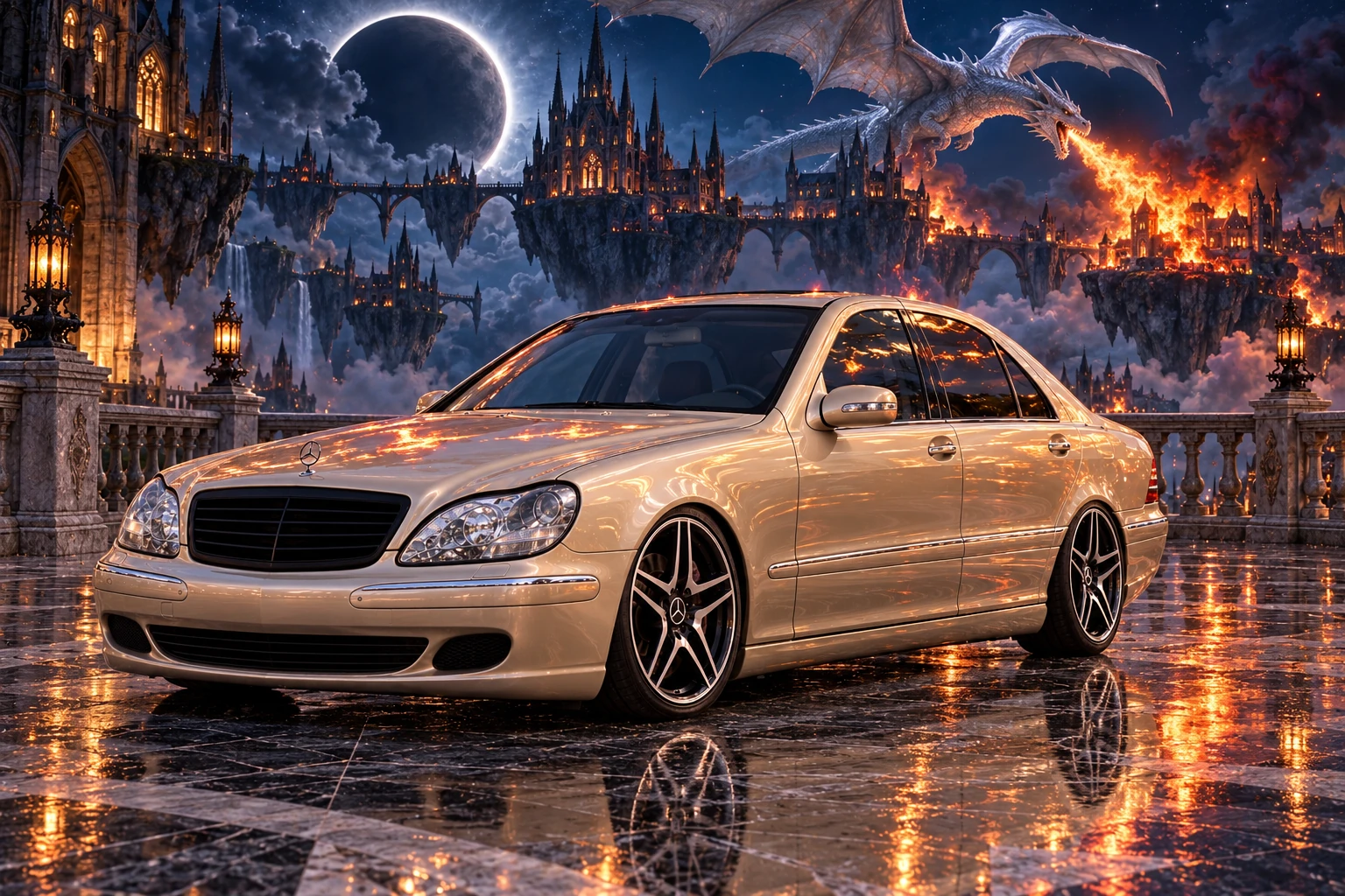 Champagne Mercedes Under a Dragon Eclipse. Allison, the 2004 Mercedes-Benz S430.