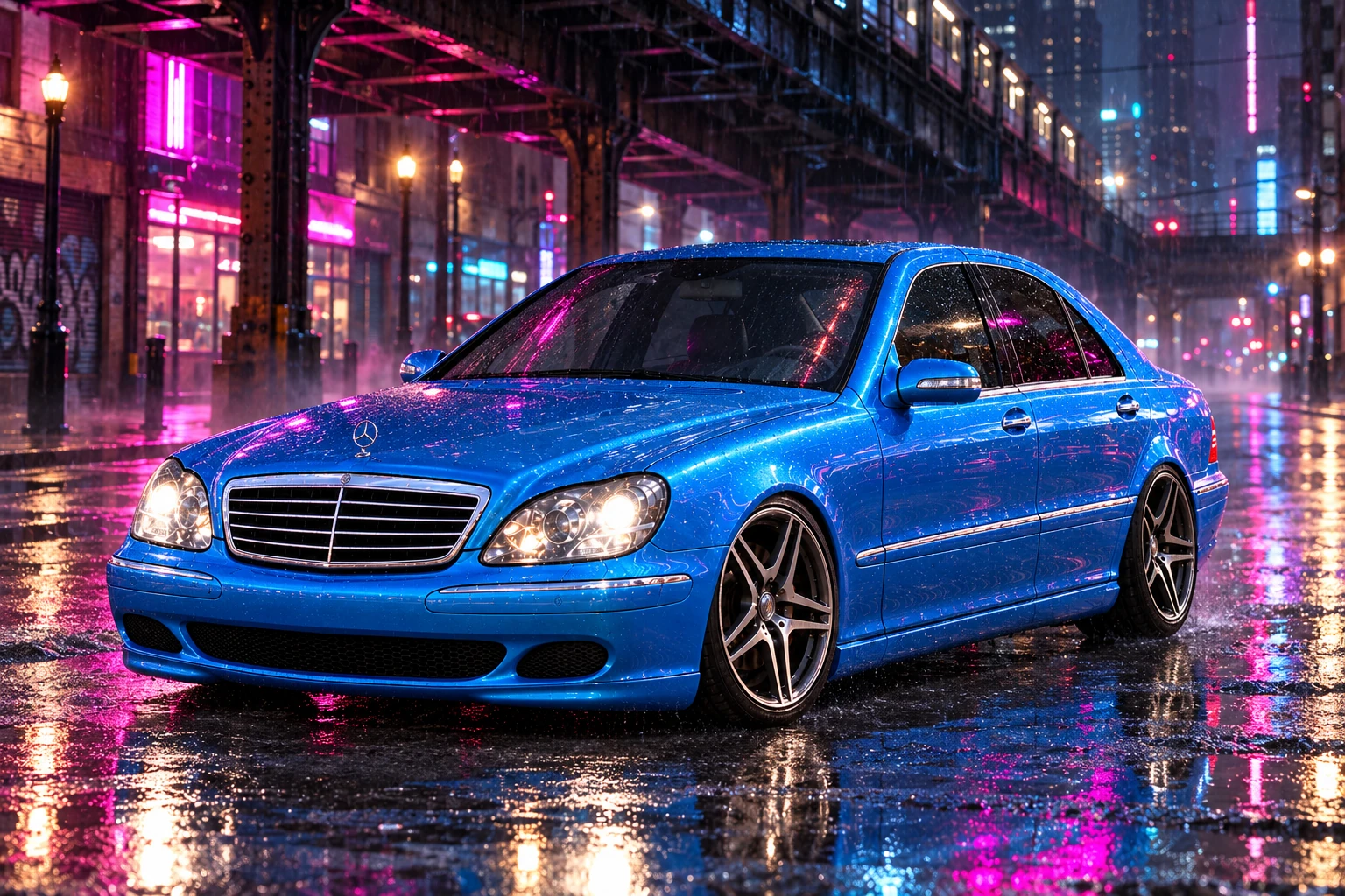Blue Mercedes Beneath Neon Rain. Allison, the 2004 Mercedes-Benz S430 in a paint-color concept.