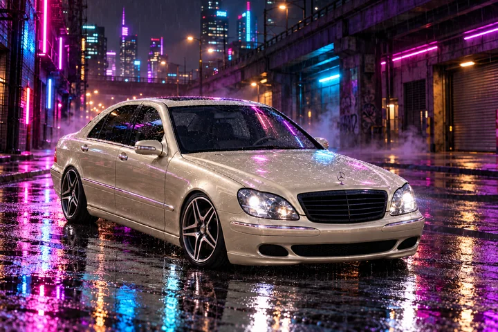 Champagne Mercedes in neon rain. Allison, the 2004 Mercedes-Benz S430.