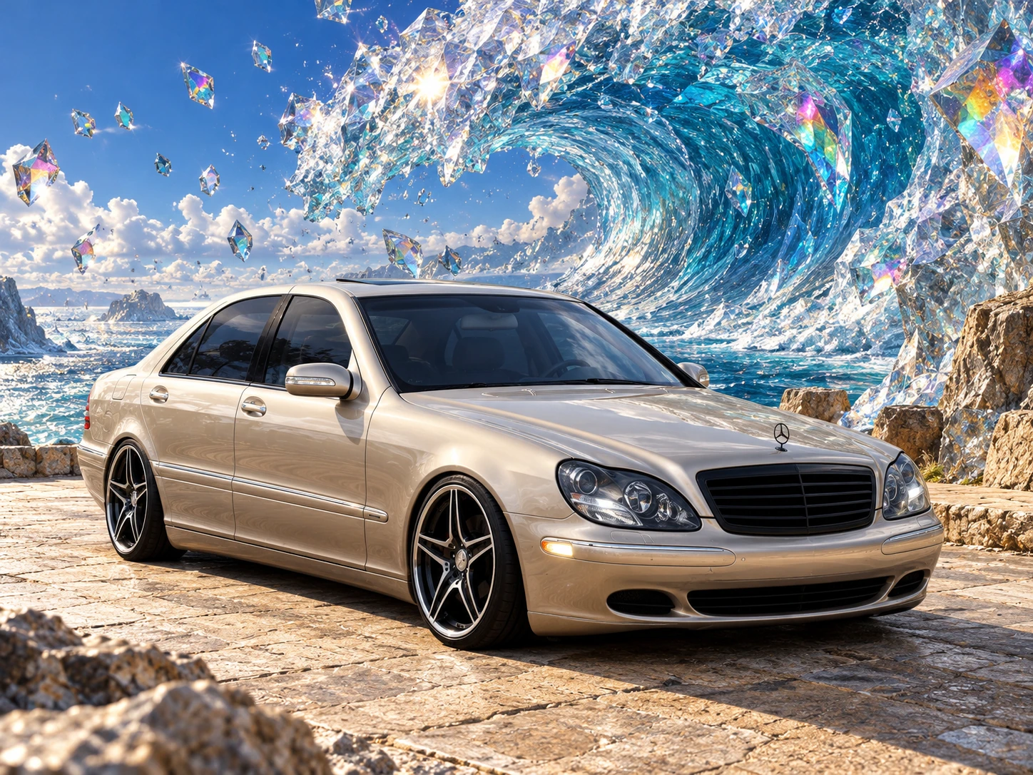 Front three-quarter view of Allison beneath a curling crystalline ocean wave.
