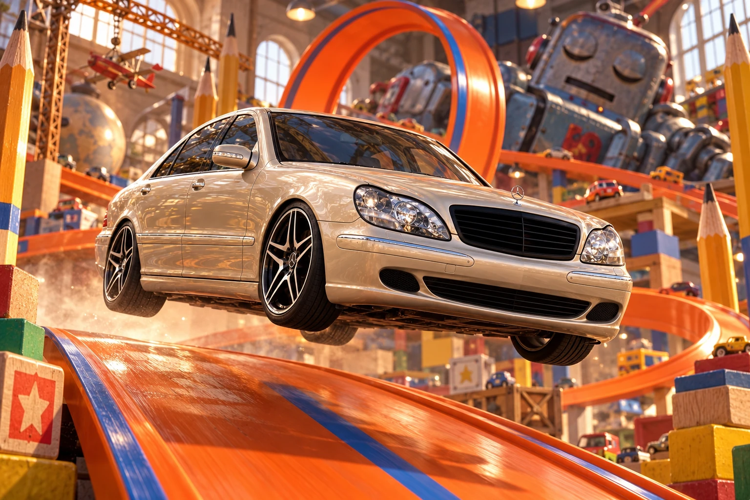 Airborne Mercedes over a toy track.