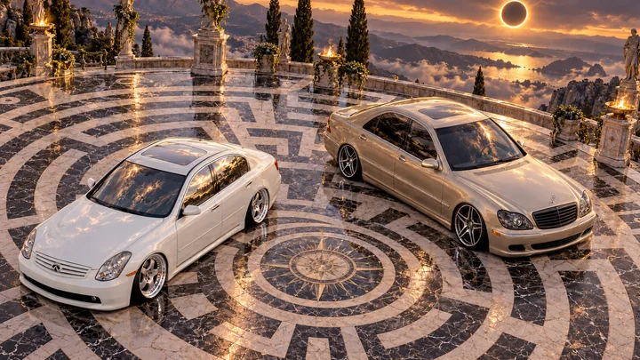 Both cars are seen from above on a circular stone labyrinth under a solar eclipse.