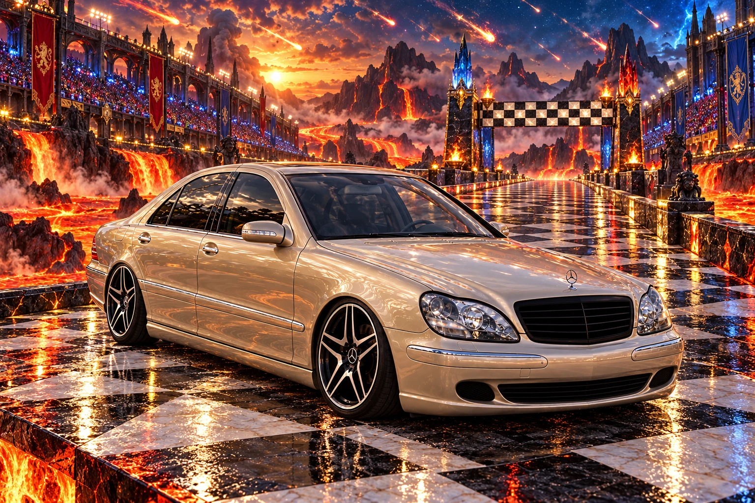 Champagne Mercedes on a Lava Drag Strip.