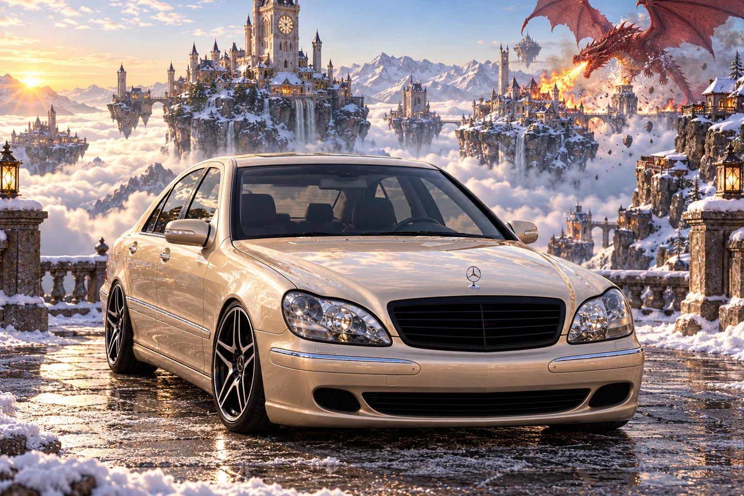Champagne Mercedes Beneath a Flaming Dragon. Allison, the 2004 Mercedes-Benz S430.