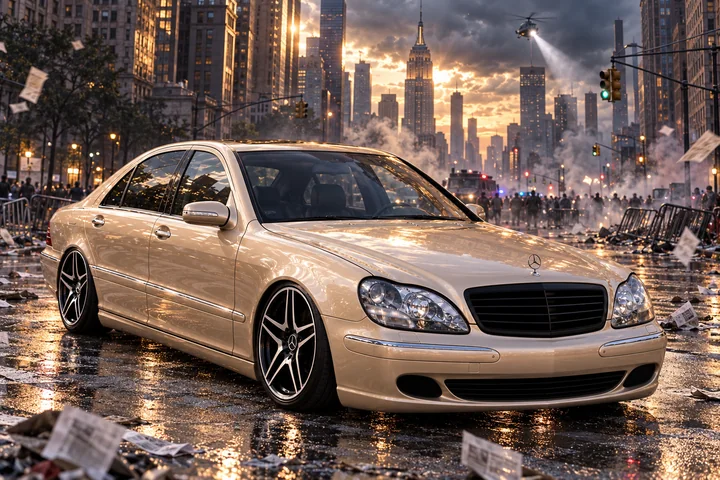 Champagne Mercedes Under Manhattan Searchlight. Allison, the 2004 Mercedes-Benz S430.