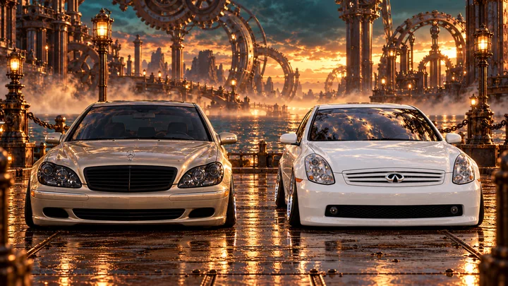 Both cars face forward on a reflective copper dock framed by giant clockwork gears.