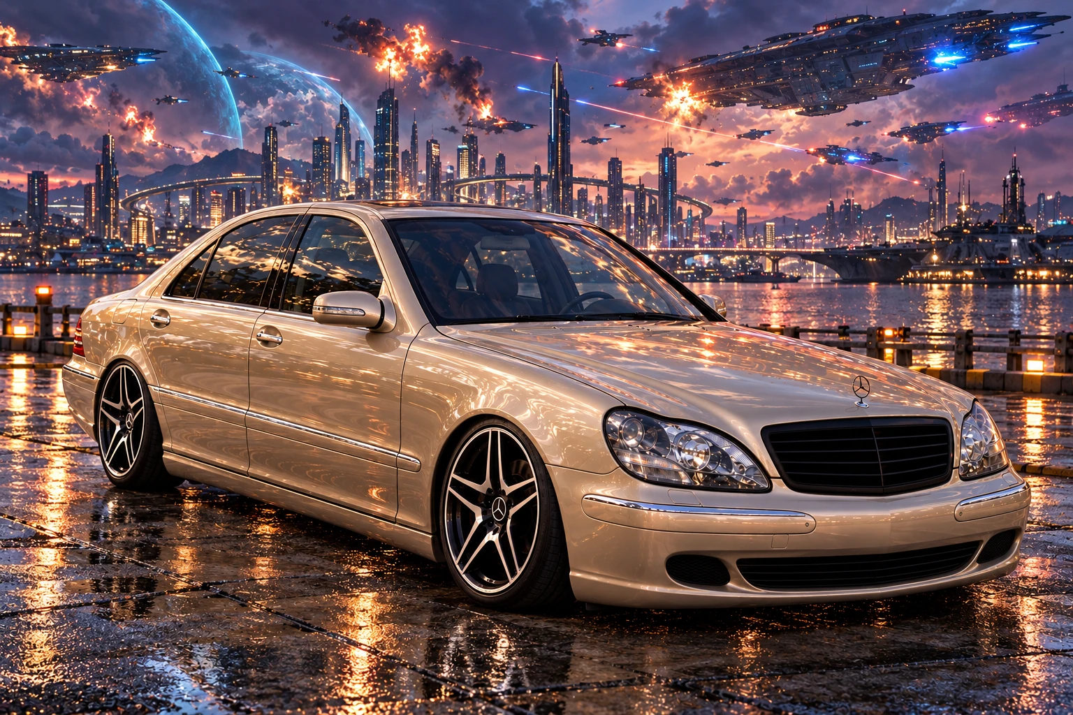 Champagne Mercedes beneath a futuristic battle sky. Allison, the 2004 Mercedes-Benz S430.