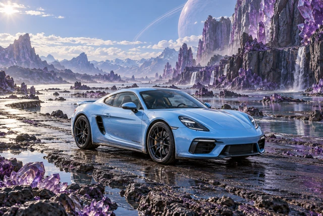 AI-generated baby blue contemporary sports coupe photographed in the imagined amethyst crystal landscape of Amethyst Reach.