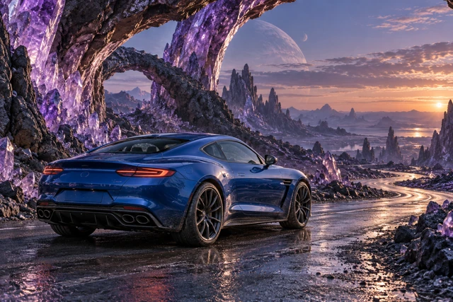 AI-generated blue grand touring coupe photographed in the imagined amethyst crystal landscape of Amethyst Reach.