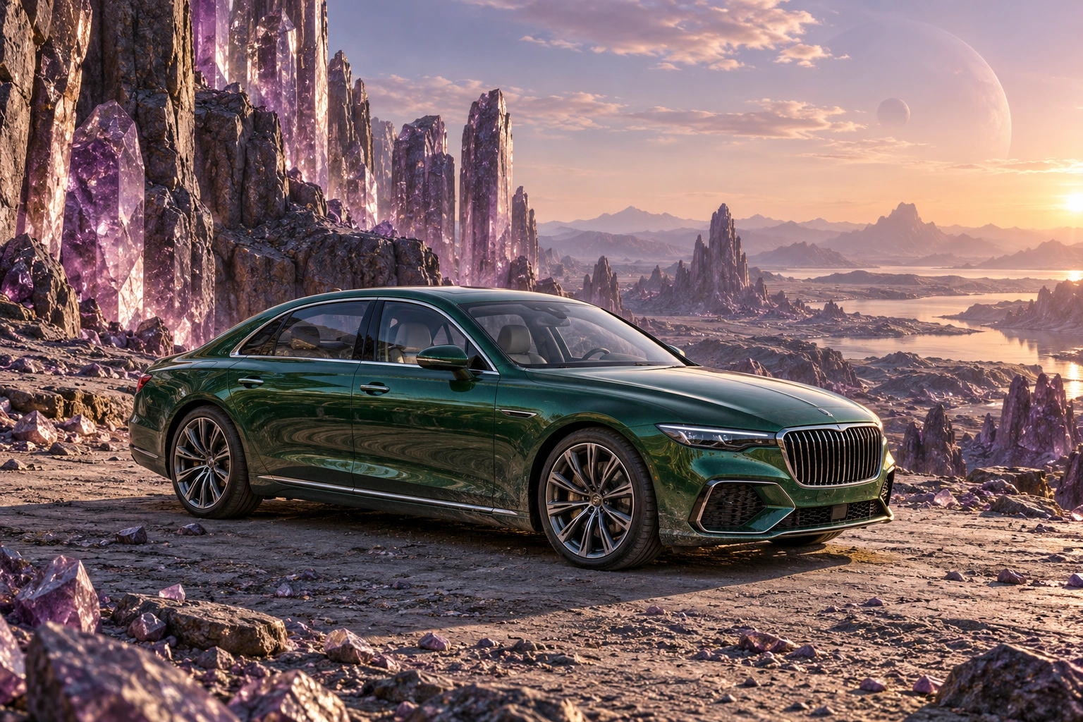 AI-generated green luxury sedan photographed in the imagined amethyst crystal landscape of Amethyst Reach.