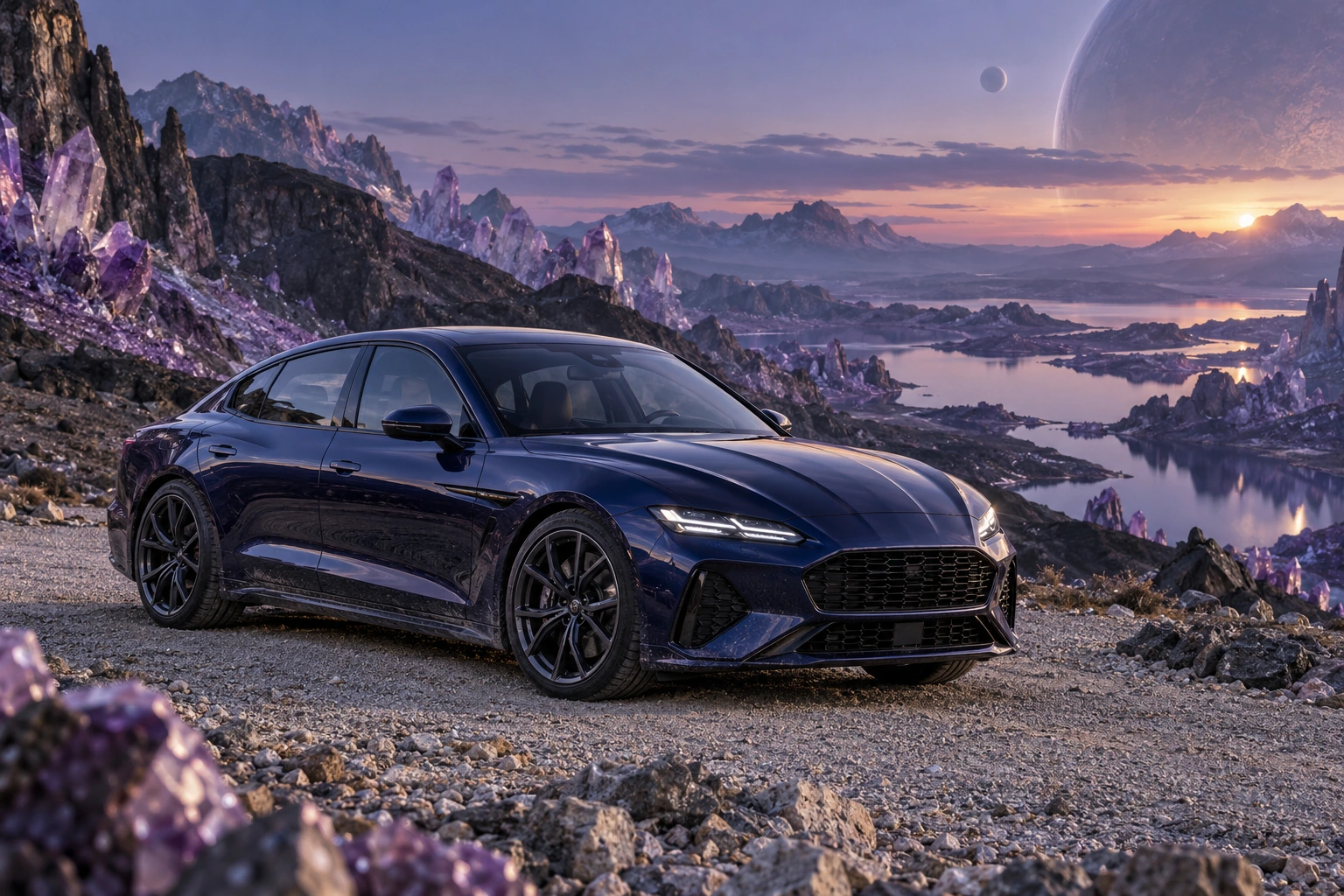 AI-generated indigo sports sedan photographed in the imagined amethyst crystal landscape of Amethyst Reach.
