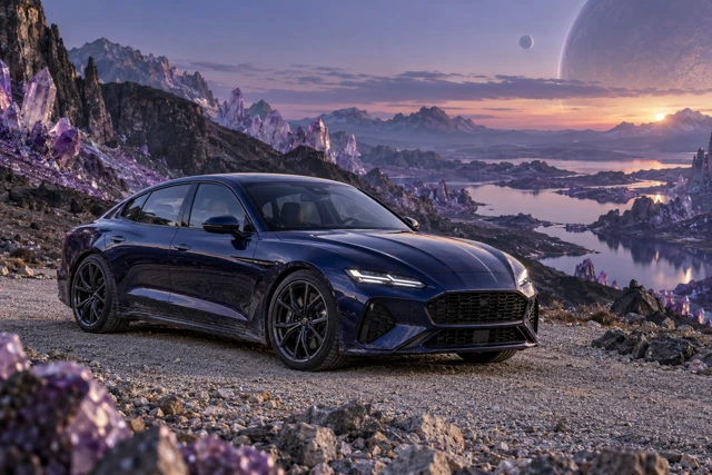 AI-generated indigo sports sedan photographed in the imagined amethyst crystal landscape of Amethyst Reach.