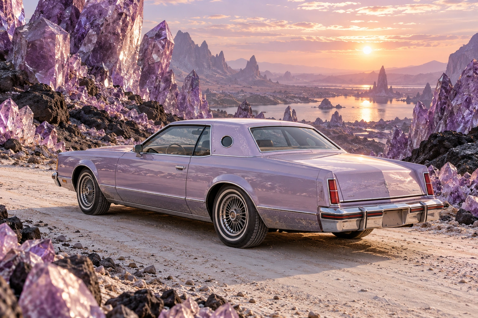 AI-generated lavender classic luxury coupe photographed in the imagined amethyst crystal landscape of Amethyst Reach.