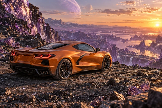 AI-generated orange mid-engine coupe photographed in the imagined amethyst crystal landscape of Amethyst Reach.