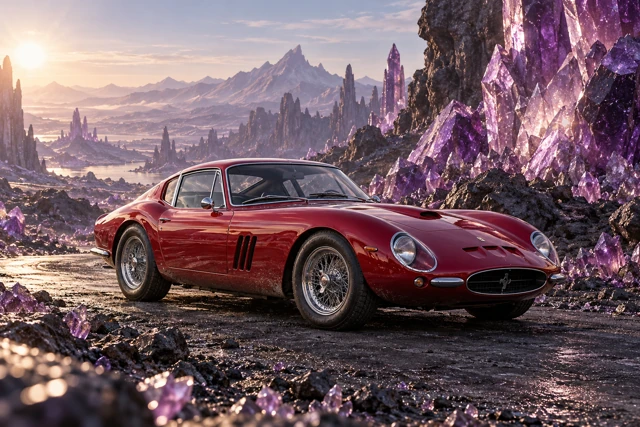 AI-generated red classic fastback photographed in the imagined amethyst crystal landscape of Amethyst Reach.